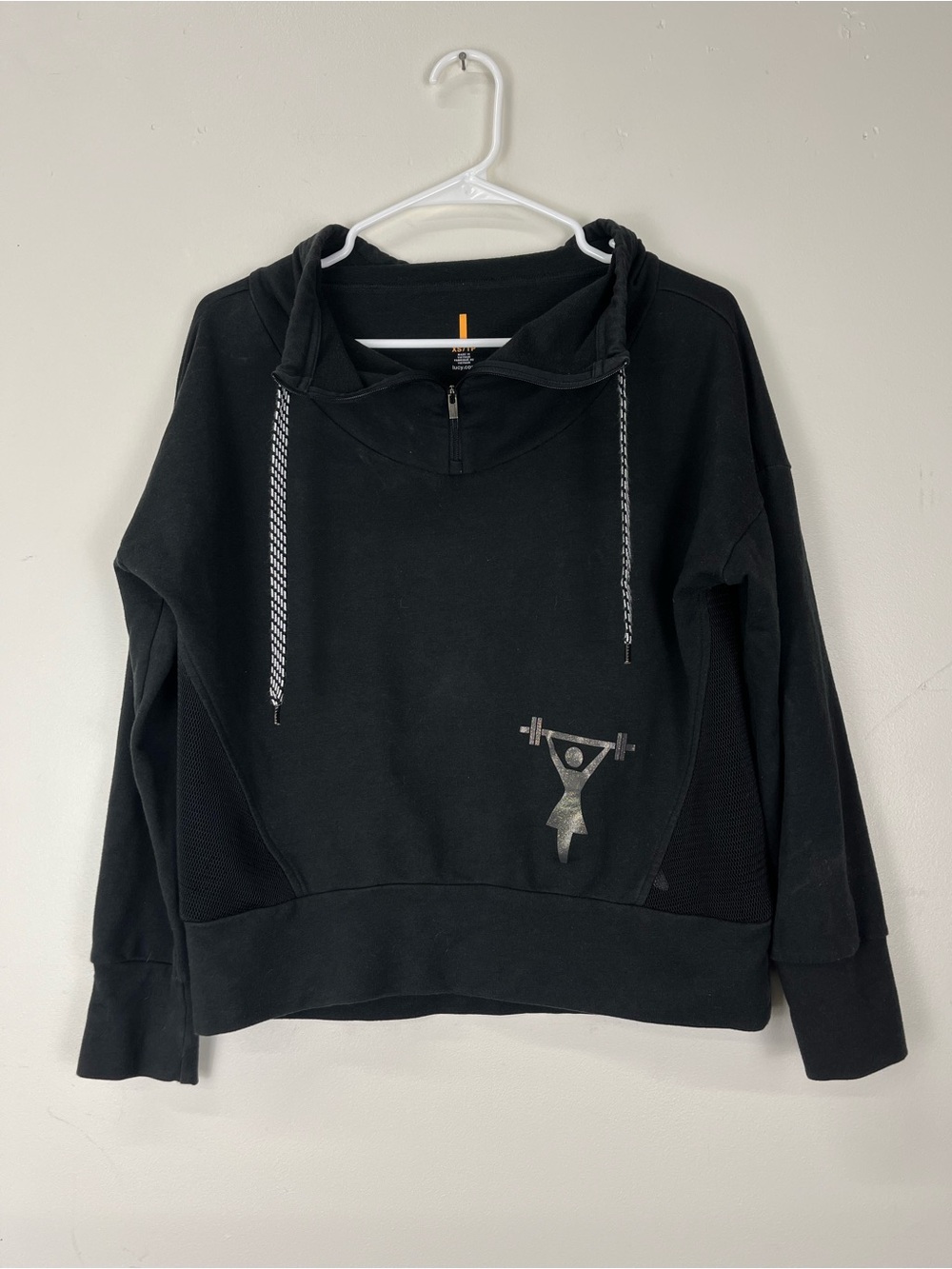 Lucy Black Hooded Pullover Sweatshirt with Reflective Weightlifter Graphic
